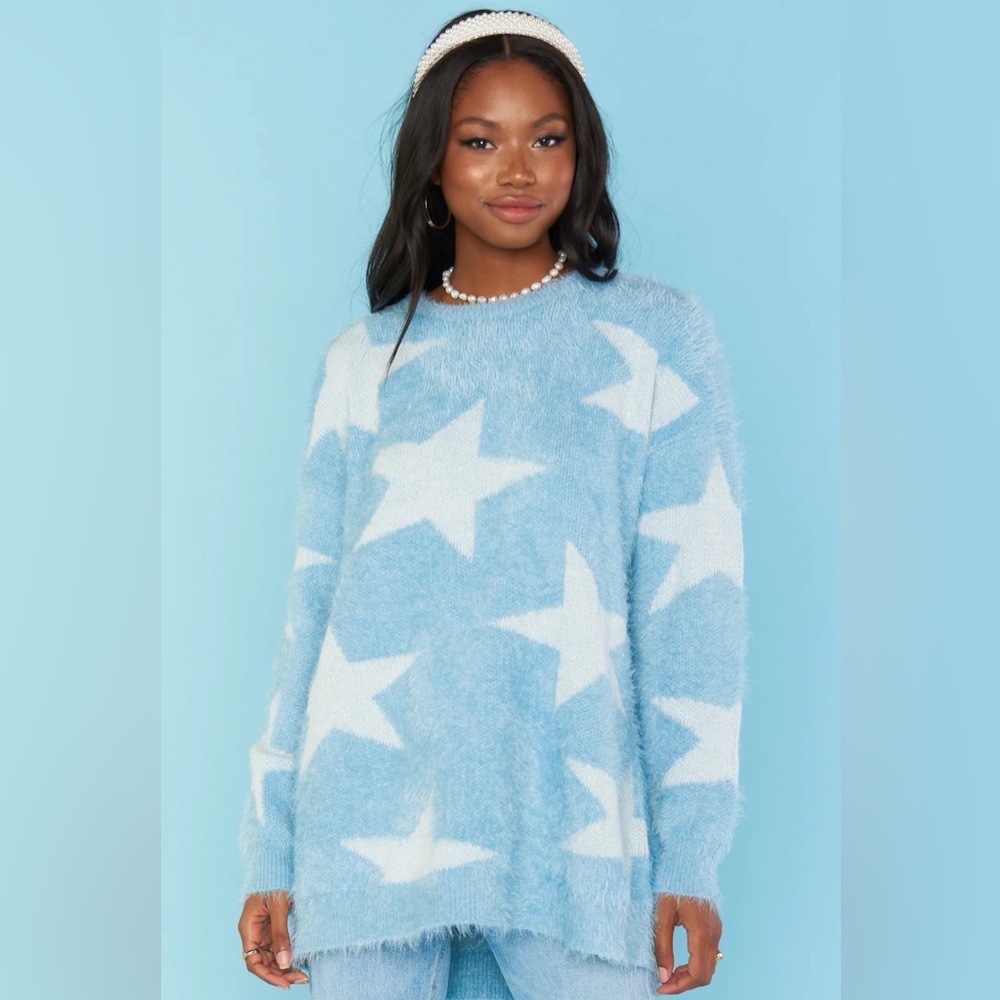 NWOT Show Me Your Mumu Fairy Godmother Blue & White Fuzzy Star Print Sweater